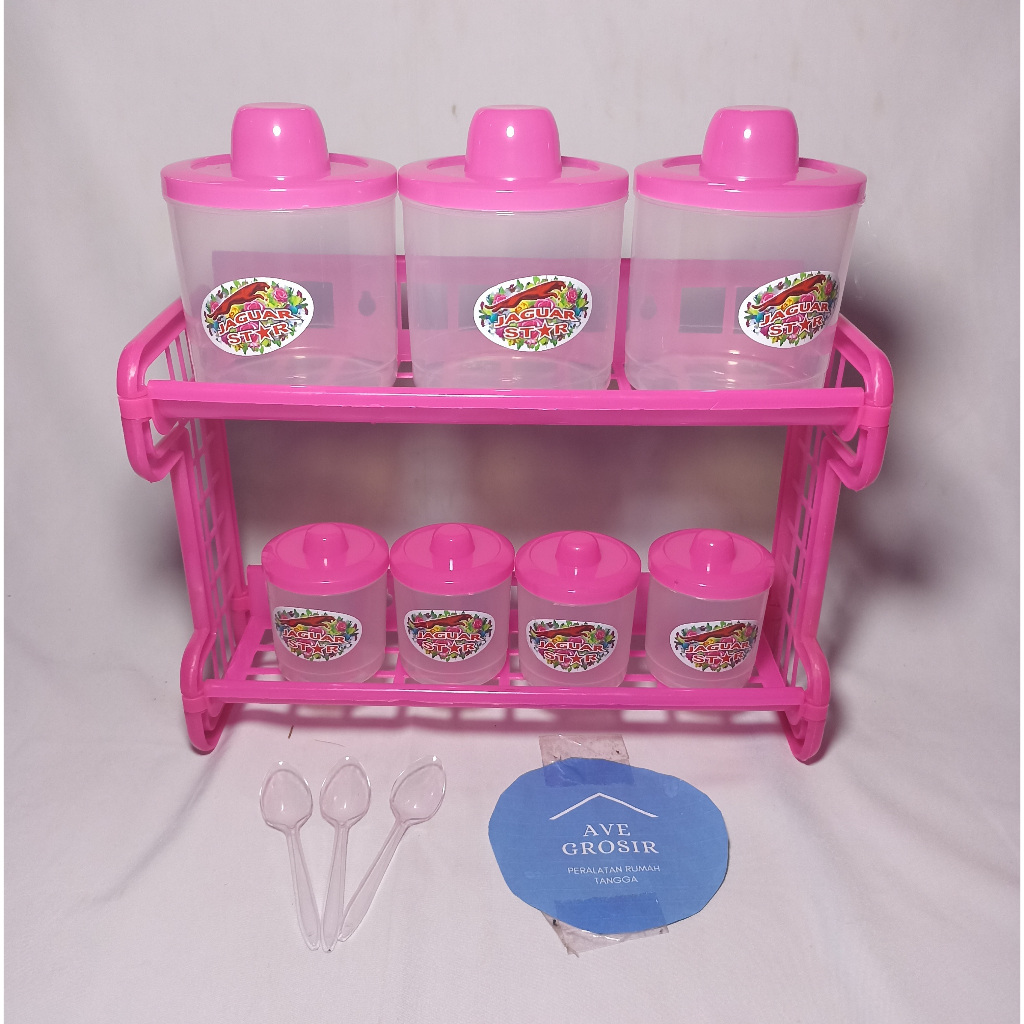 KITCHEN SPICE RACK 1 SET 2 TIERS FREE SPOON PLASTIC CONTAINER MULTIFUNCTIONAL HOUSEHOLD FURNITURE JAR HOLDER PORTABLE