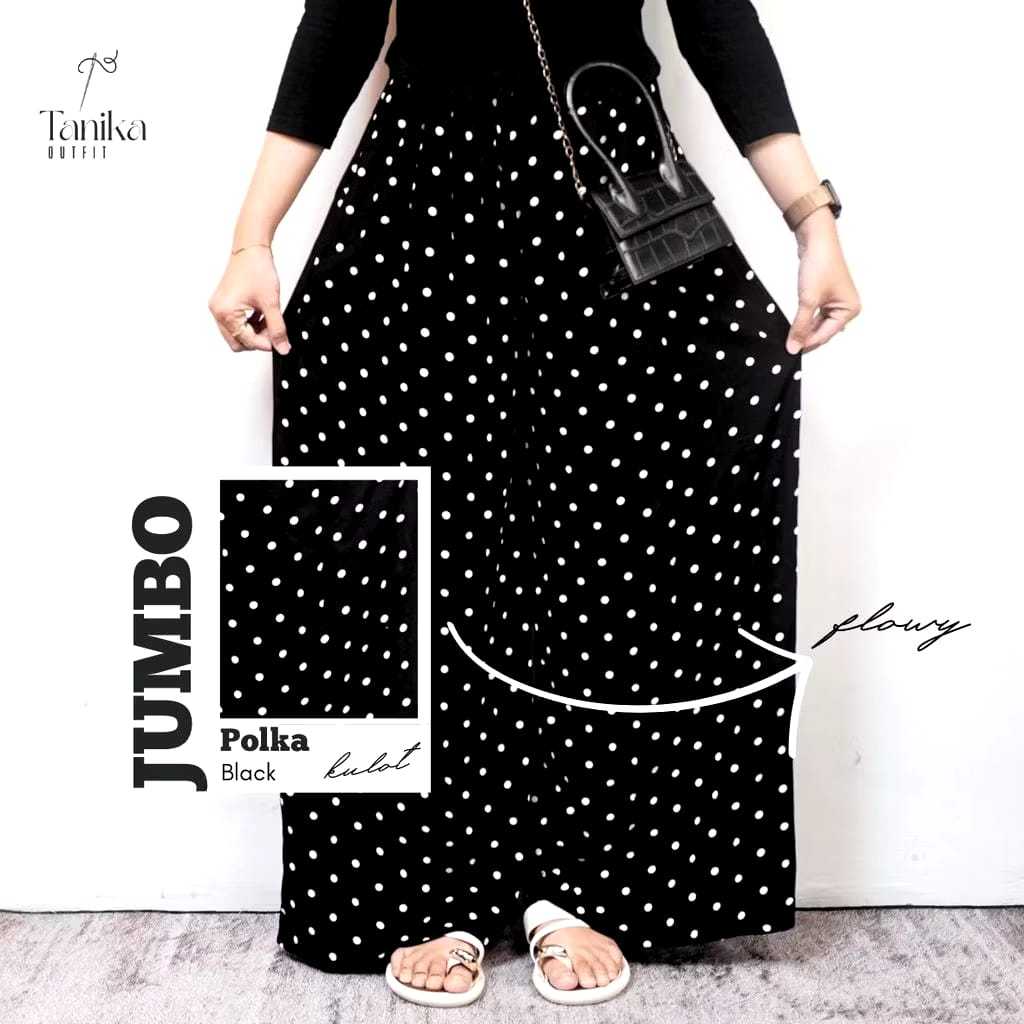 Rayon Culottes with Jumbo Polka Dot Pattern, Simple Casual Long Pants High-WaistedWanita, Cool, Comfortable, and Flowing Material 100cm