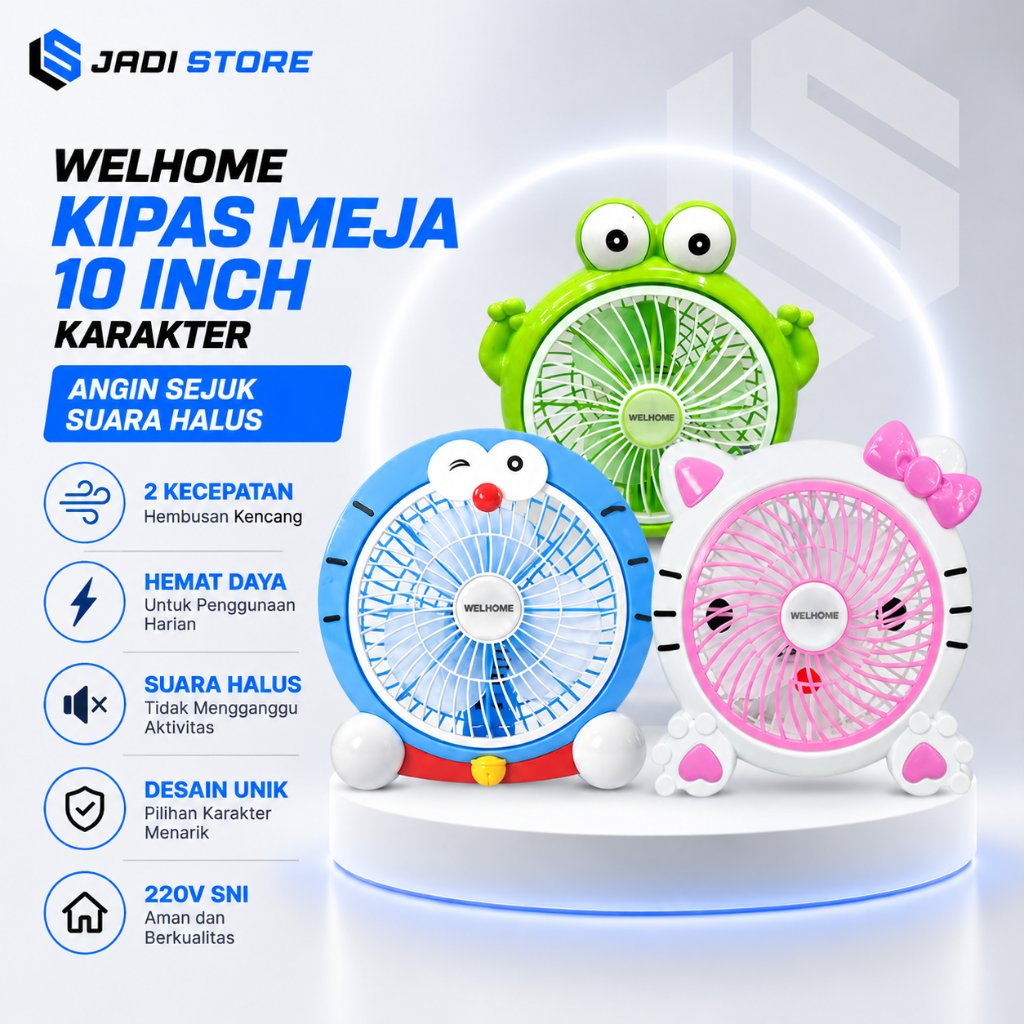 welhome 10 Inch Character Table Fan Portable Mini Desk Fan Energy Saving Table Fan 2 Speed Strong Blows Smooth Sound Unique Design for Kids Bedroom Study Office Home 220V SNI Suitable for Daily Use Doraemon Hello Kitty Character