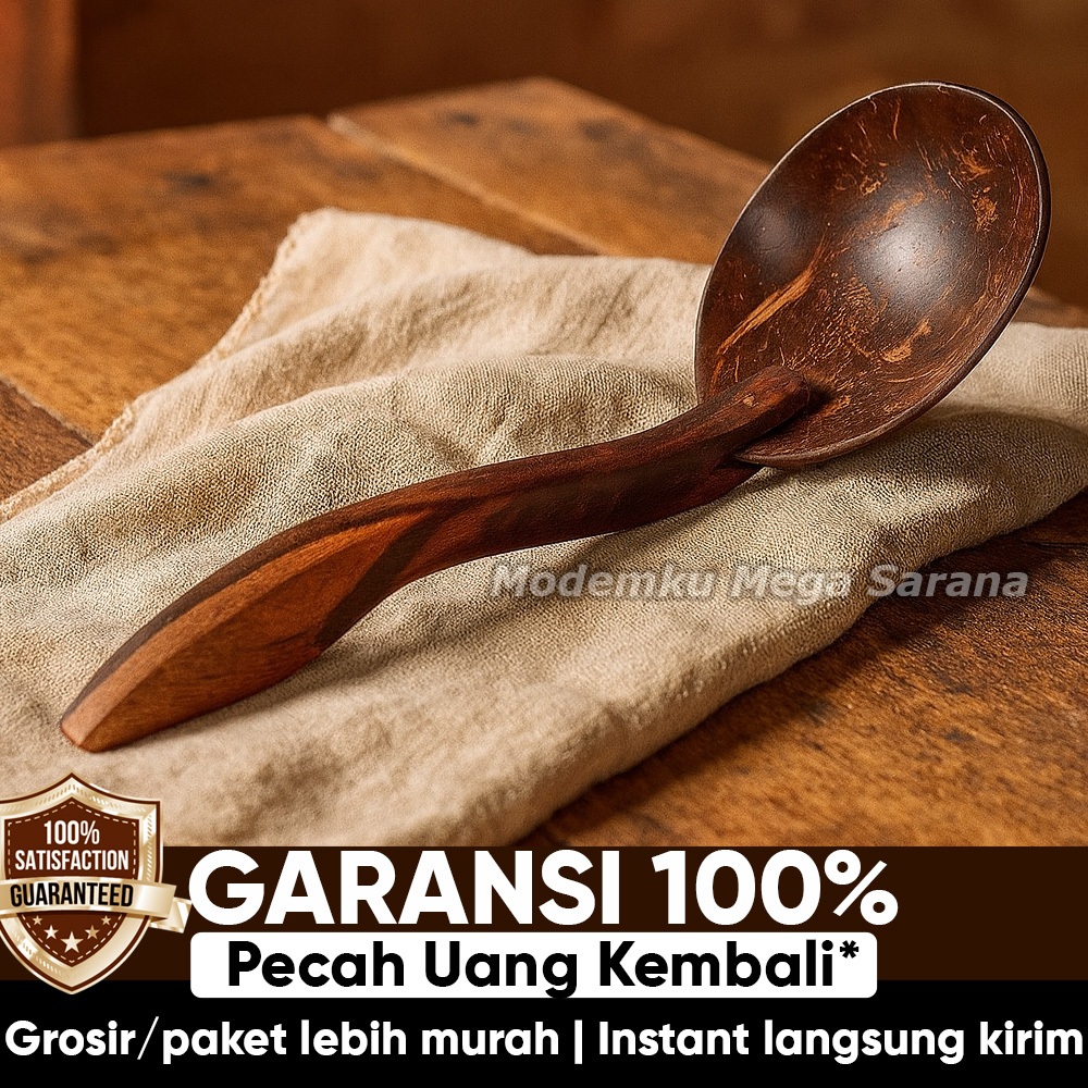 My pottery | 23cm Long Coconut Shell Ladle with Wooden Handle – Unique Traditional Handmade Jogja Irus Centhong Batok