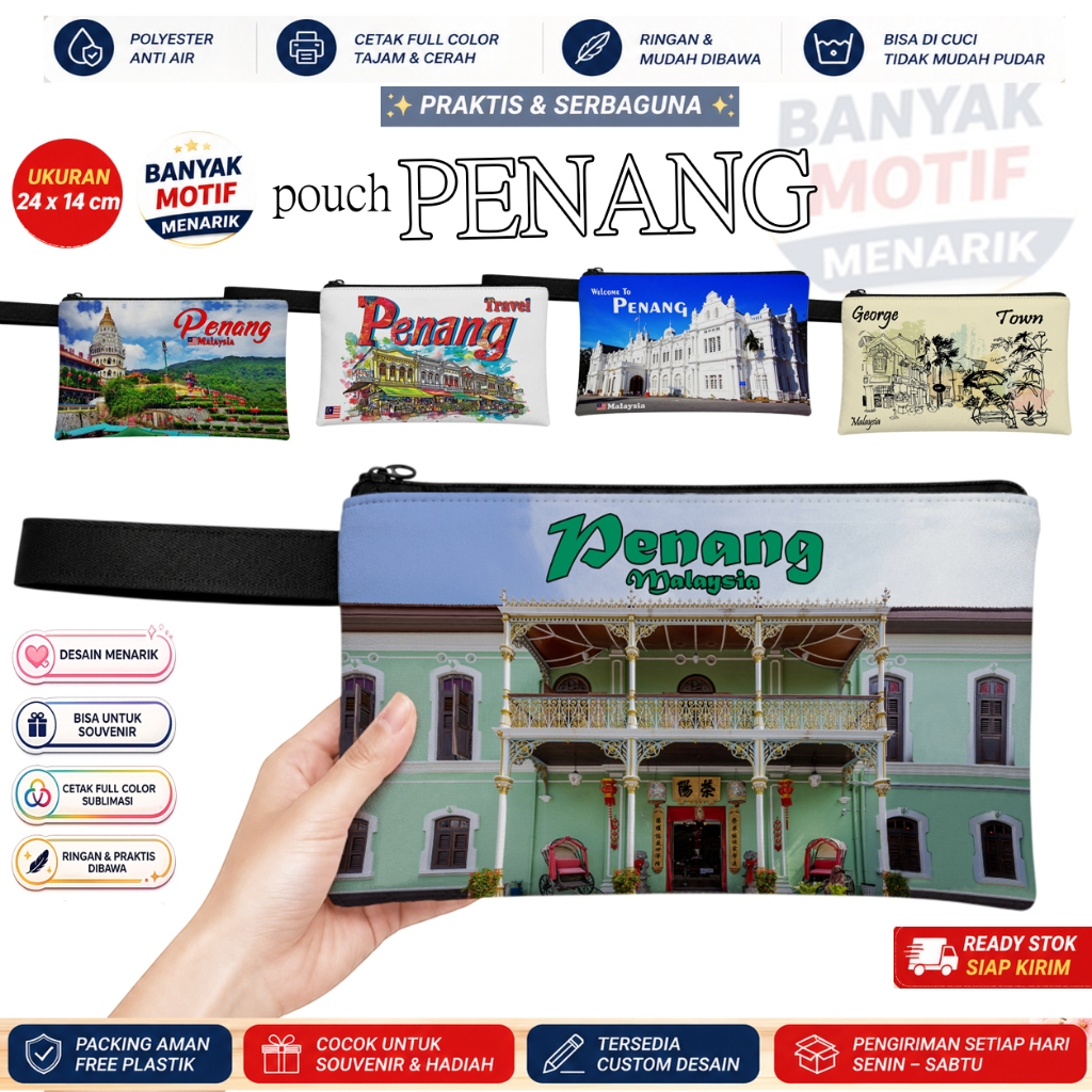Penang Souvenir Wallet | Travel Motif Penang Souvenir Pouch | Size 24 x 14 cm DTP