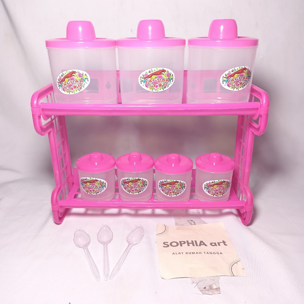 KITCHEN SPICE RACK 1 SET 2 TIERS FREE SPOON PLASTIC CONTAINER MULTIFUNCTIONAL HOUSEHOLD FURNITURE JAR HOLDER PORTABLE
