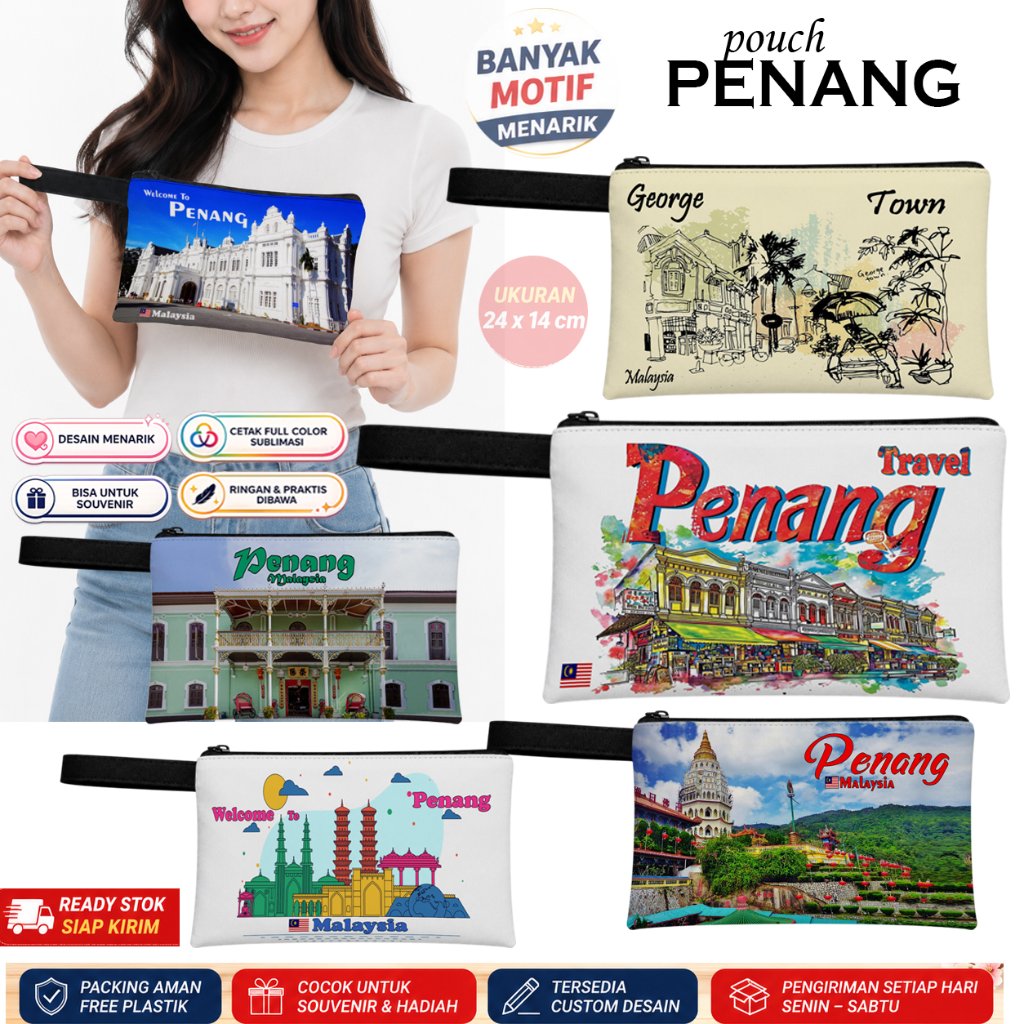 Zipper Pouch Penang Souvenir | Full Color Penang Motif Wallet | Waterproof Polyester | 24x14 cm DTP