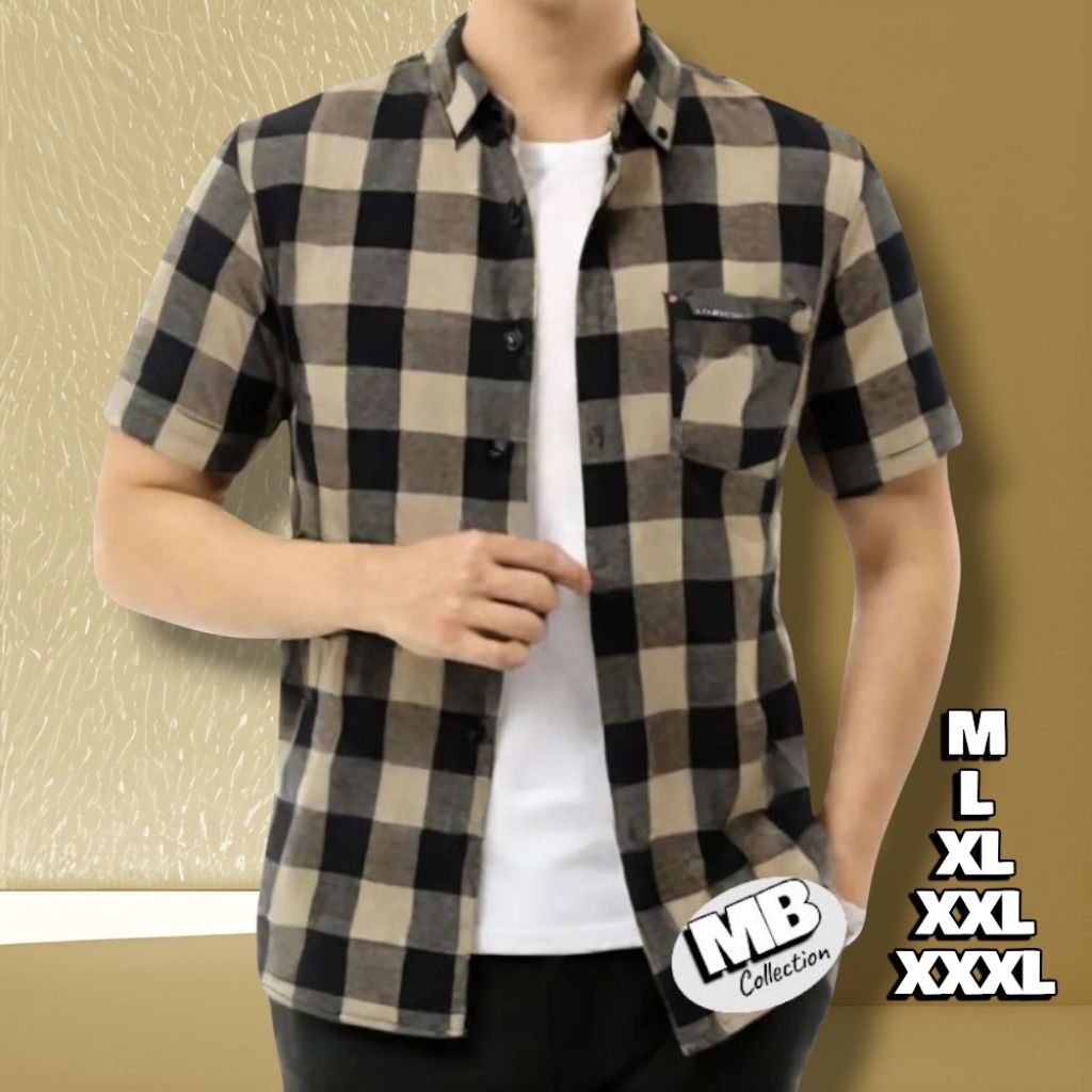 KEMEJA Men's Short Sleeve Plaid Shirt, Trendy Adult Men's Shirt Quality