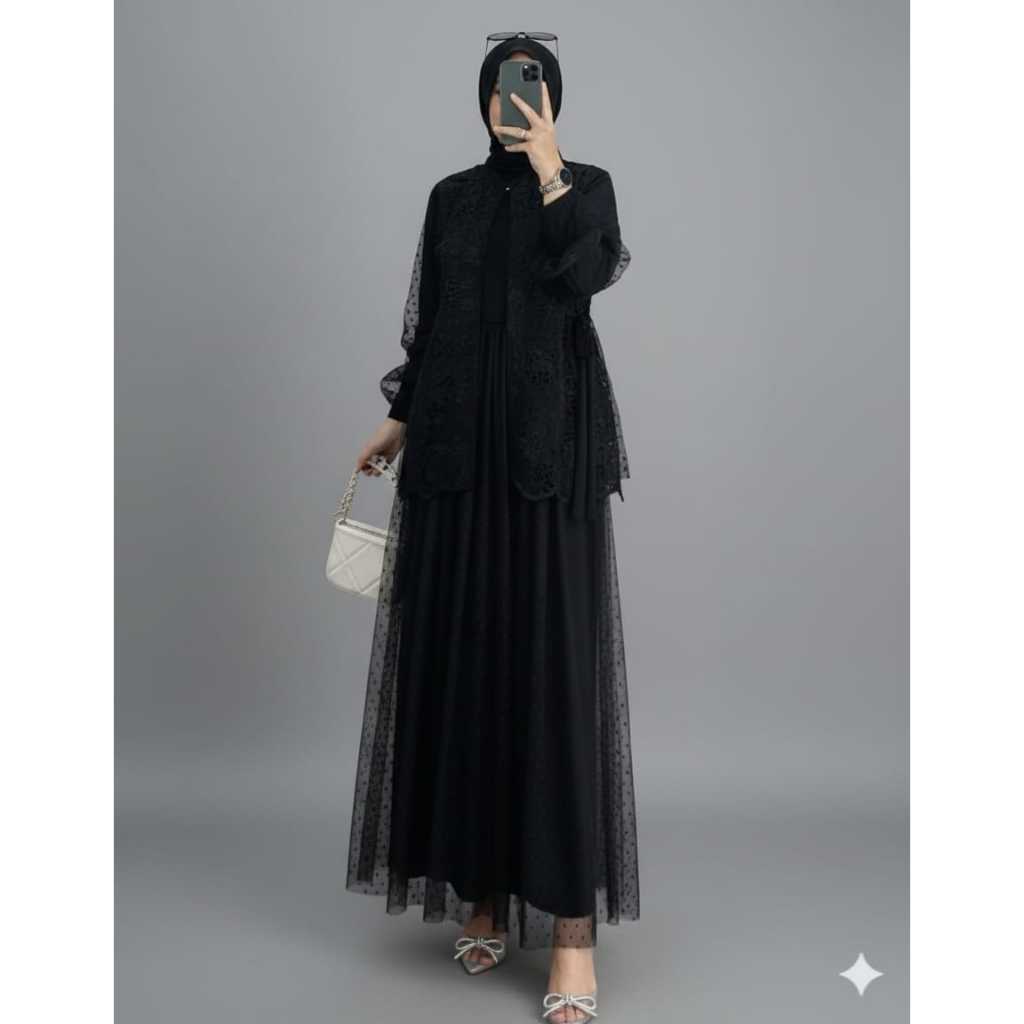 Elegant Muslimah Abaya with Brown Sequin Trim – Syari Party Dress