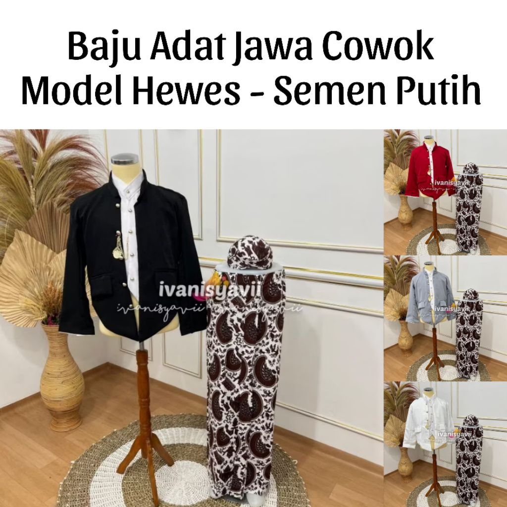 (1 set for men) Javanese Traditional Clothes / Beskap + Jarik + Blangkon + Blangkon | Hewes- White Cement