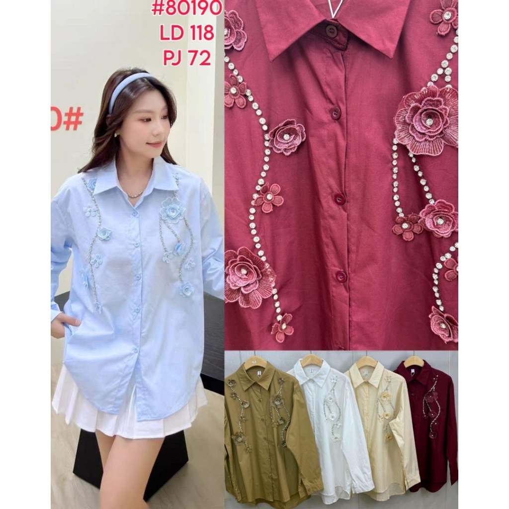 KEMEJA A161 Top Women's Blouse Shirt with Embossed Flower Gems Imported Bkk Elegant Fashionable Simple Nursing Premium