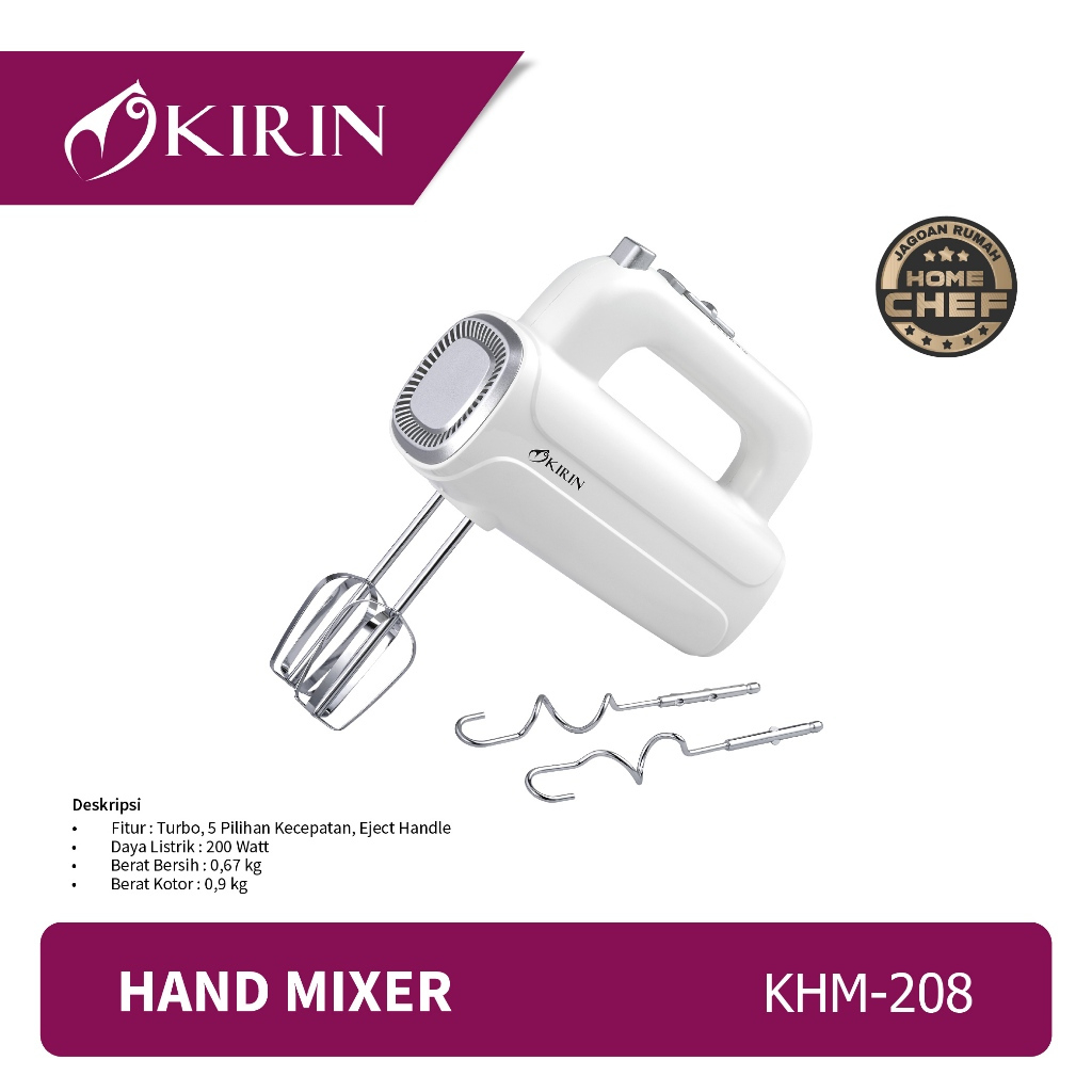 MESIN TOMBOL Kirin Hand Mixer KHM-208 khm 208 Mixer machine for whisking flour, egg, butter, bread, cake, tart, dry cake, electric cookies, 200 Watt power, 5 levels, speed, turbo buttons, official guarantee, strong, durable, kitchen, baking, aesthetic, ki