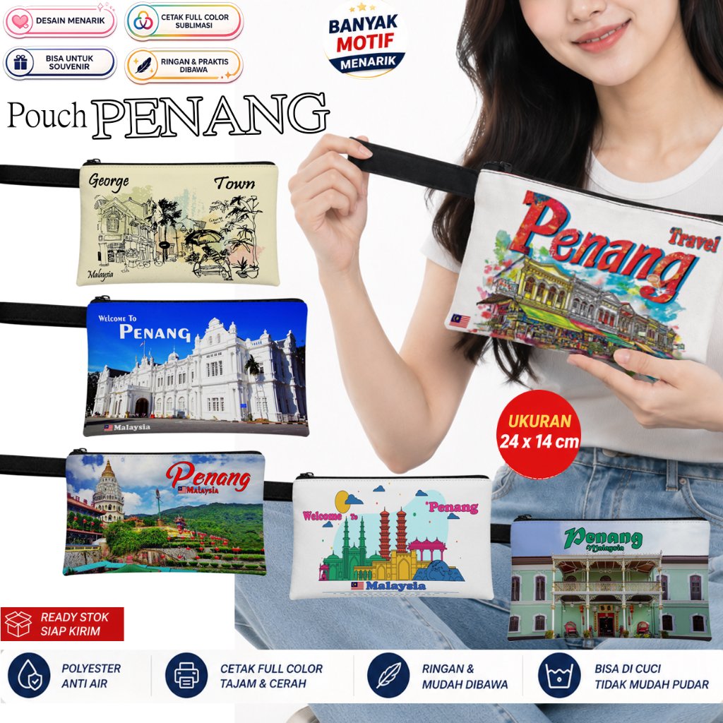 Penang Souvenir Pouch | Penang Motif Multipurpose Wallet| Makeup, Pencil & Accessories Case | 24 x 14 cm DTP