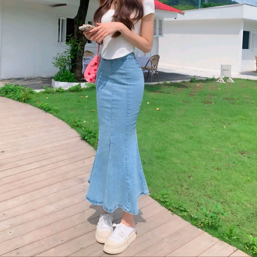 Denim Mermaid Skirt Women High Waist Slim A~line Elastic Mid~Lenght Hip Skirt Seluler Skirt Womens