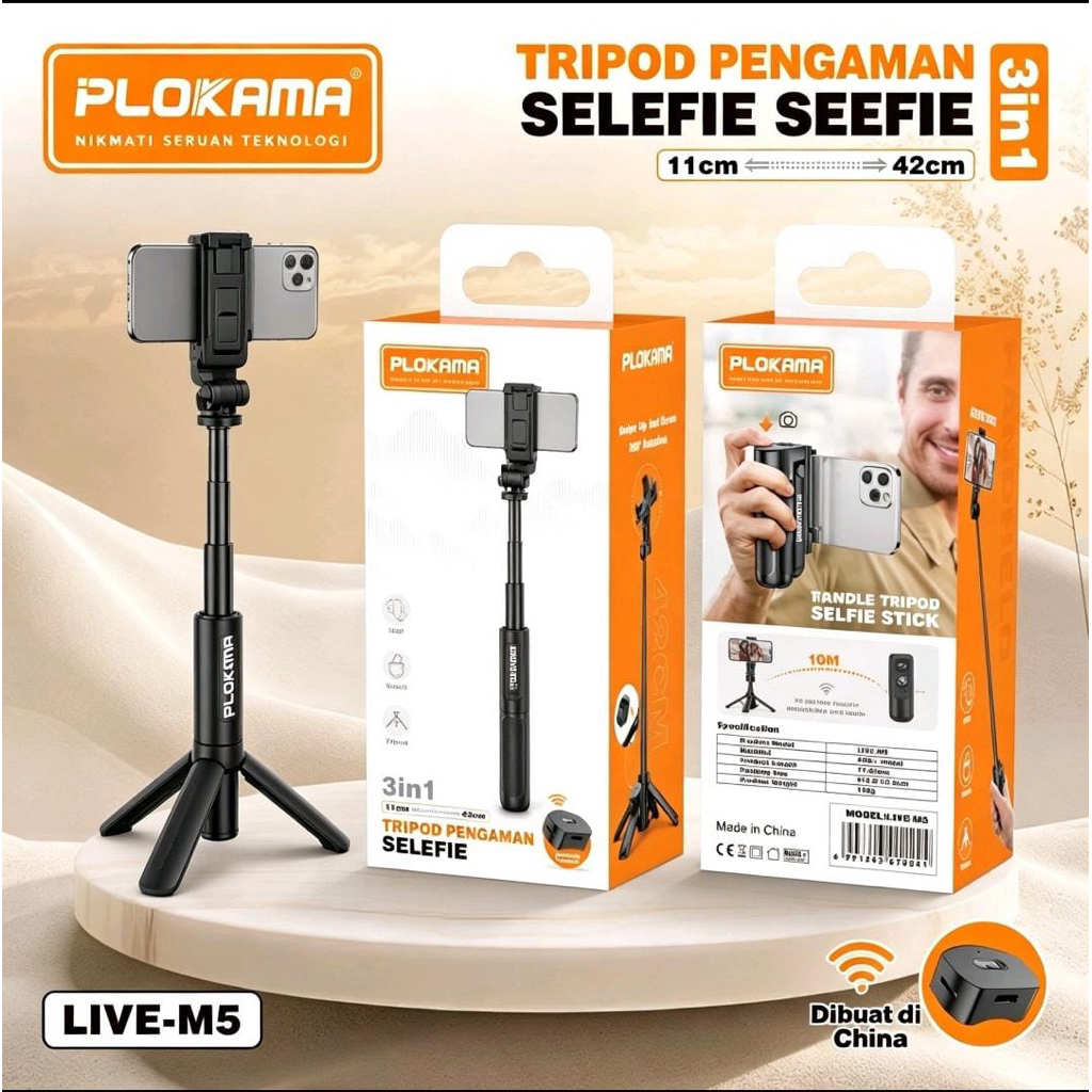 PLOKAMA LIVE-M5 3-in-1 SUPER MINI TRIPOD SELFIE STICK 11CM-42CM with BLUETOOTH REMOTE SELFIE STICK