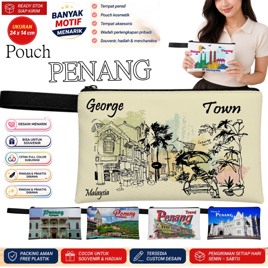 Penang Souvenir Wallet | Travel Motif Penang Souvenir Pouch | Size 24 x 14 cm DTP