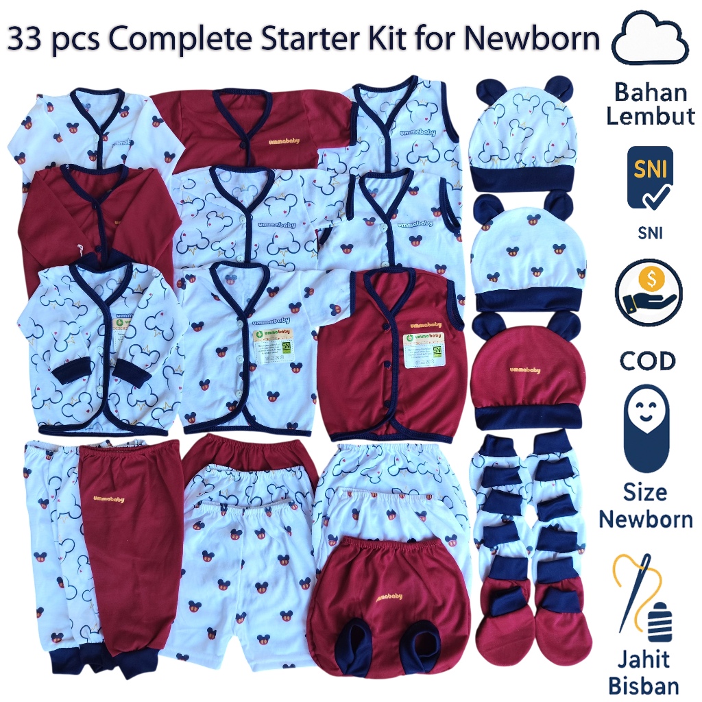 Ummababy Package 33 Pcs Baby Clothes Set Shorts Long Buntung Newborn Suit Cute Gift Set New Born Gloves Feet Hats Newborn Baby Supplies Boys Girls 0 6 Mickey Red