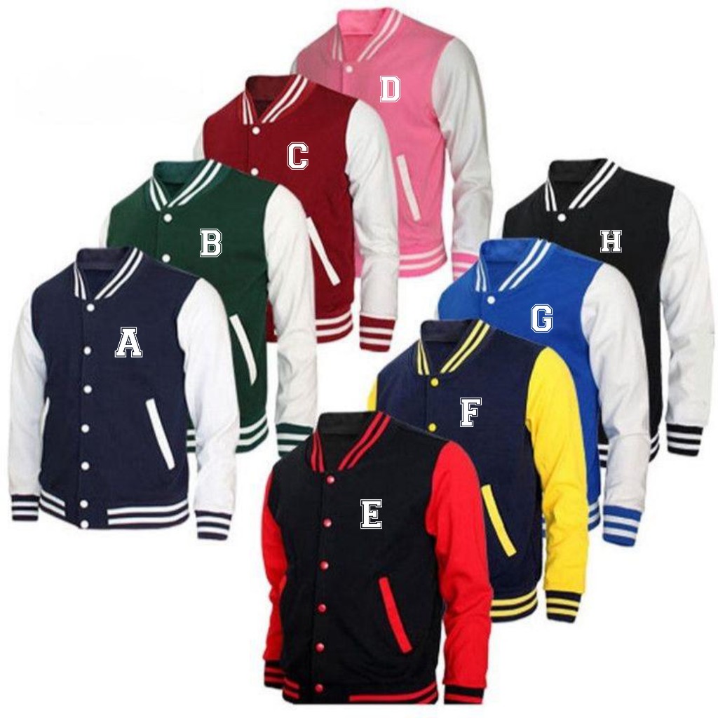 Unisex Button Varsity Baseball Jacket with Initial Font Motif Complete A - Z