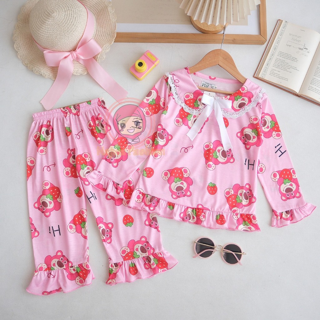 NAJWA - Sasmi Children's Pajama Set with Cute Cartoon Motifs Latest Fashion Oneset Ribbon Sleepwear for Girls