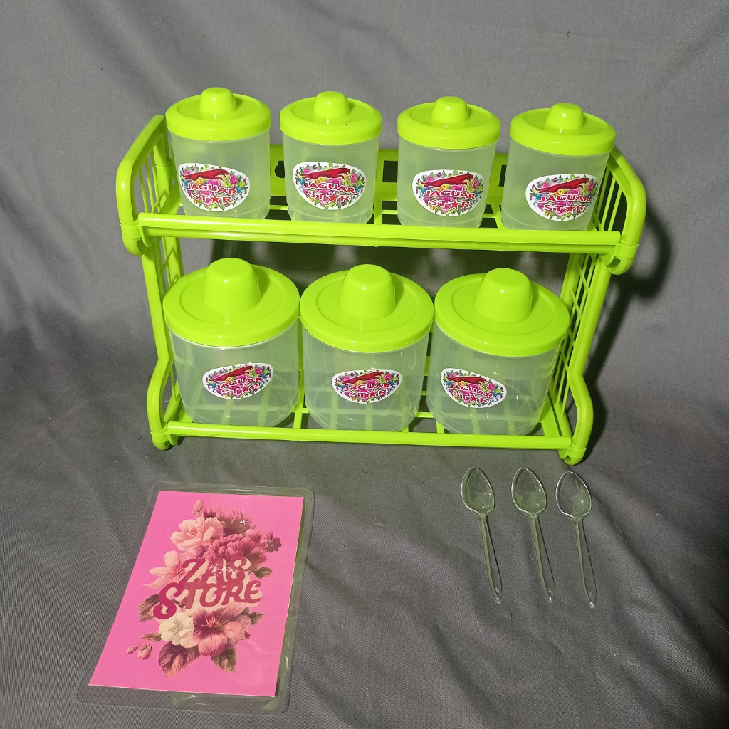 KITCHEN SPICE RACK 1 SET 2 LAYERS FREE SPOON PLASTIC CONTAINER MULTIFUNCTIONAL HOUSEHOLD FURNITURE JAR HOLDER PORTABLE with 7 PCS Color Design Practical and Neat Plastic Material Contents 7 PCS Bonus Spice Spoon Size 32x11x24 cm