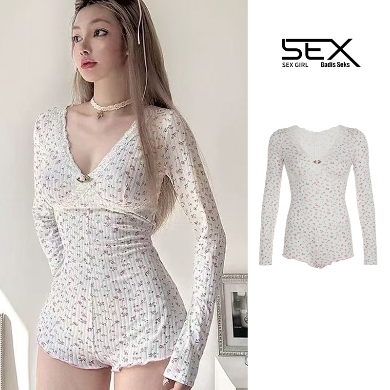 V-neck Lace Jumpsuit, Floral Pattern Long Sleeve Jumpsuit,Pas, Ruffle Skirt