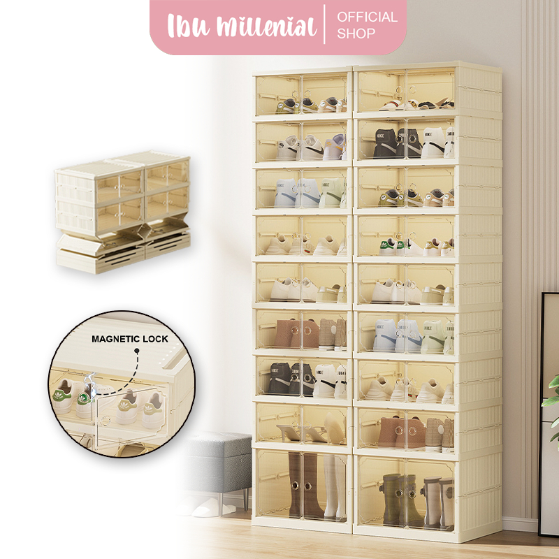 IBUMILLENIAL Folding Shoe Box 2in1 Portable Shoe Cabinet Transparent Door Anti-Moisture Closed Shoe Rack Folding Multipurpose Cabinet SBS005