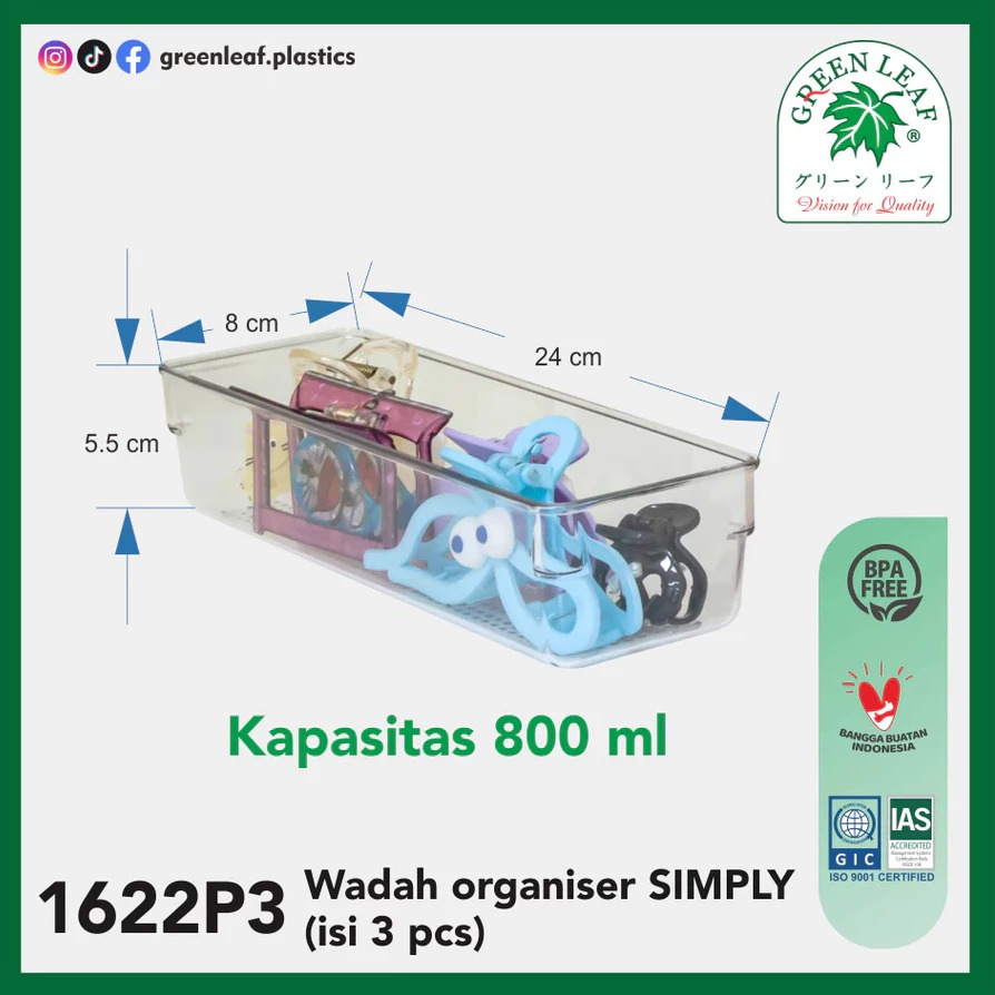 GREEN LEAF Simply Organizer Container (1622P3) Multipurpose Acrylic Refrigerator Storage Container (DPT 3 PCS)