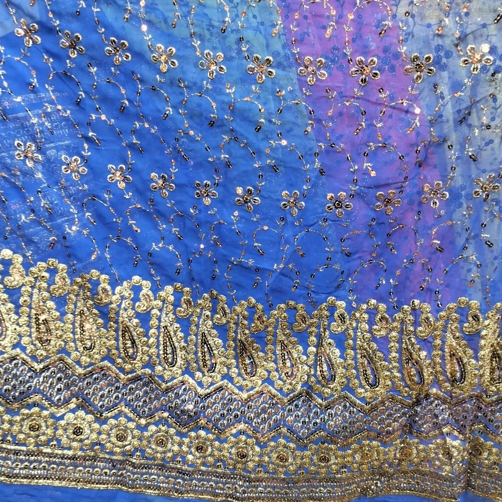 Latest premium embroidered sequin Indian sari fabric material, luxurious motif embroidered chiffon fabric kain satin