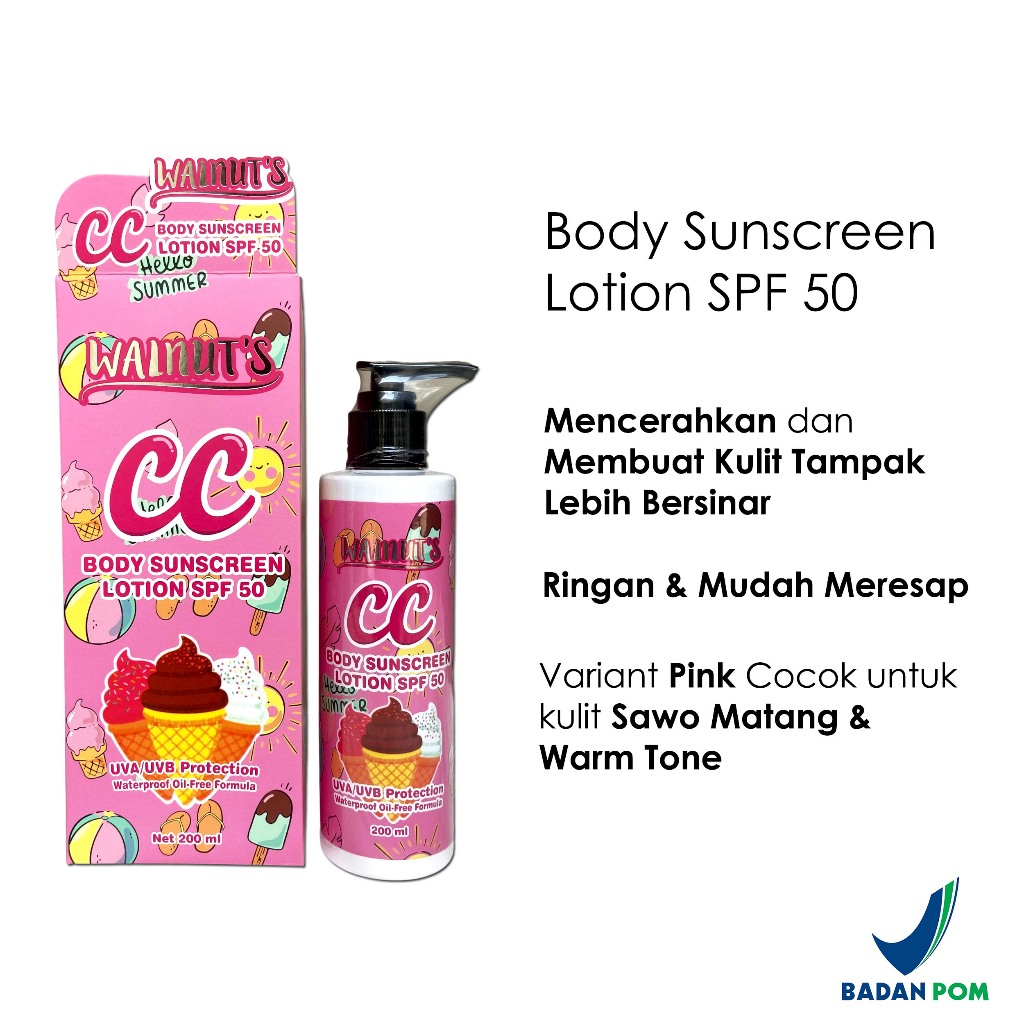 Walnuts CC Body Sunscreen Lotion SPF 50 BPOM Tone Up Waterproof 200ml UVA UVB Protection Pink