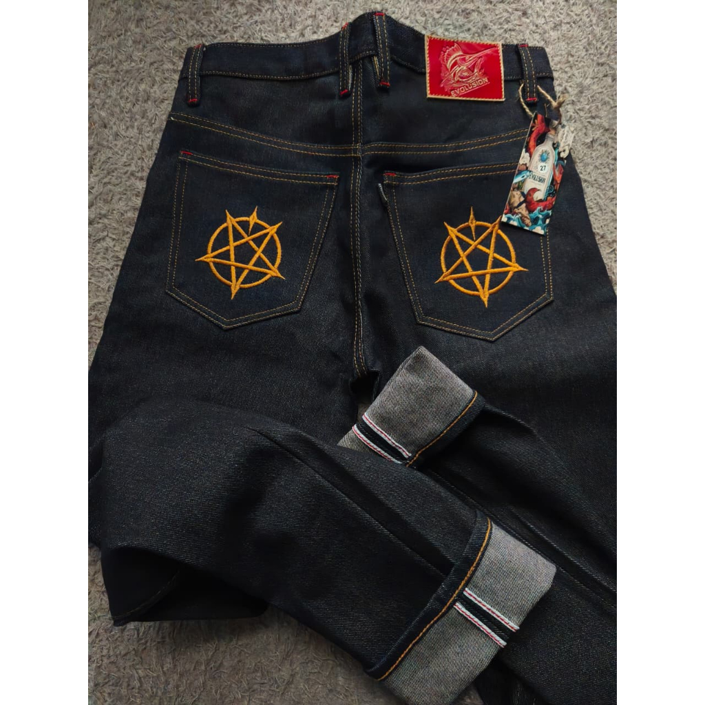 EVOLUSION VARKOS Men's Selvedge Denim Pants Raw Denim 15oz Premium Exclusive Embroidery
