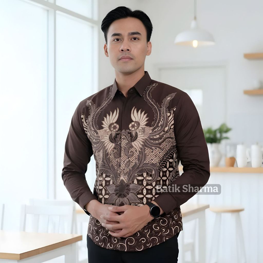 KEMEJA Tesla Mahoghani Men's Long Sleeve Batik Shirt, Latest Formal Men's Batik Shirt, Baju Batik Lelaki, Sizes ML XL XXL Trending