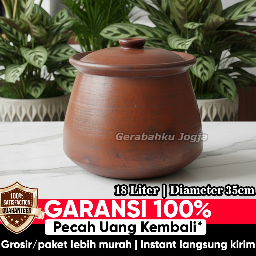 My Jogja Pottery | Jumbo Large Clay Pot Pottery Kuwali Kwali Pot Belanga Boiler Cooking Utensils Curry Soto Vegetables Tamarind Rice Liwet Rendang Semur - Diameter 35 cm 18 Liters