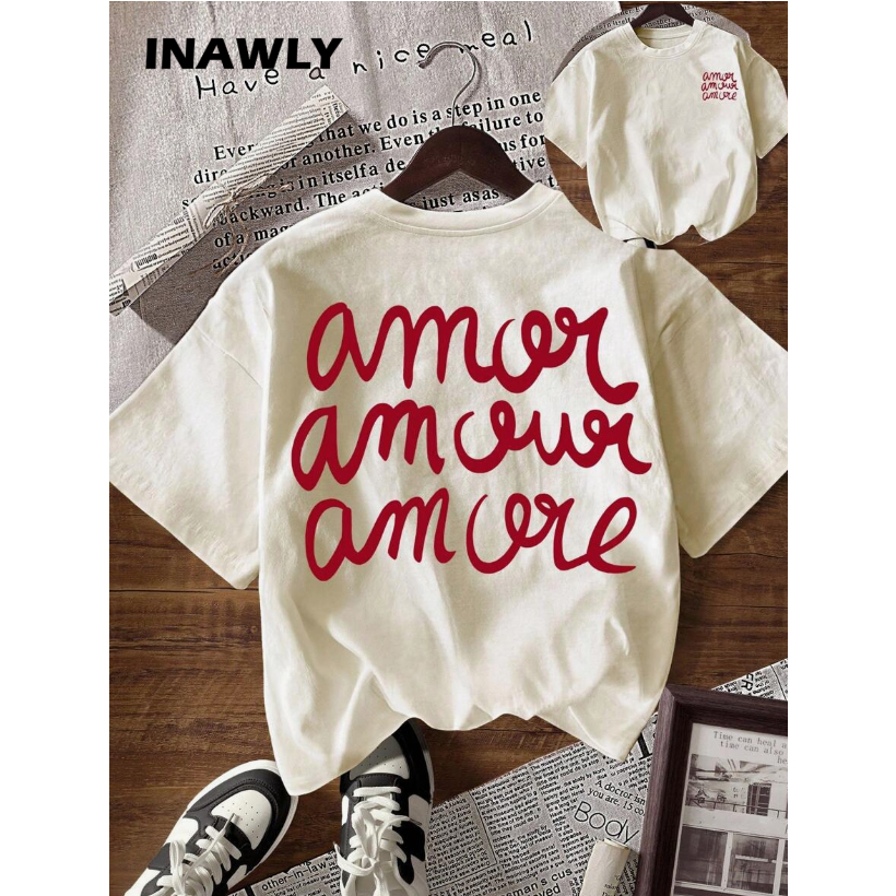 Color. American style Korean style amor aamour amore English t shirt women's oversized t-shirt Unisex big size short sleeve retro shirt