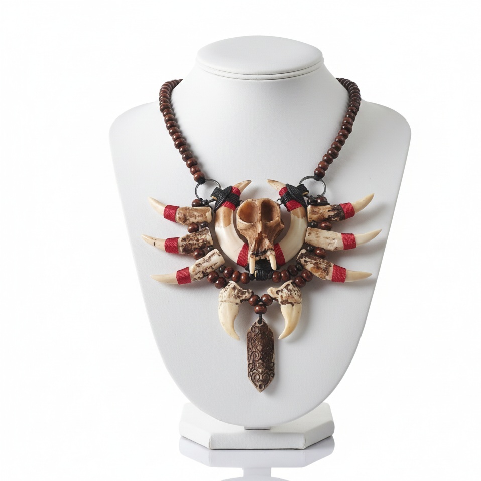 Dayak Ethnic Necklace with Skull and Resin Fang Ornament, Tribal Fashion