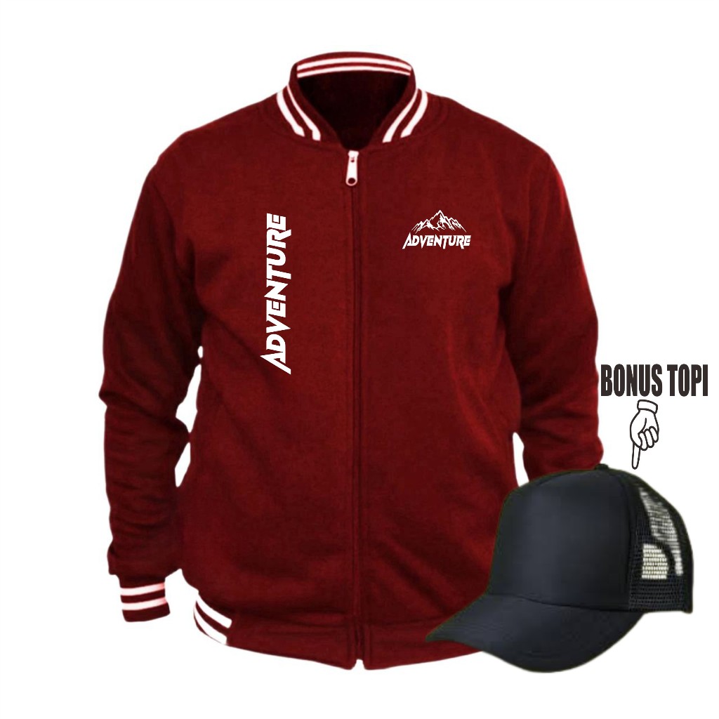 MERAH BONUS HAT - Unisex Maroon Varsity Baseball Zipper Varsity Jacket