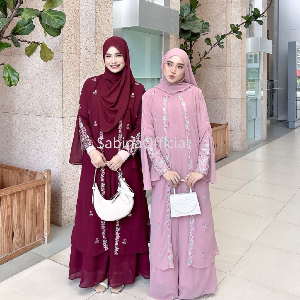 TRISHA ABAYA TWO LAYER EMBROIDERY APPLICATION CERUTY BABYDOLL MATERIAL FULL FRONT ZIPPER LINING BUSUI FRIENDLY