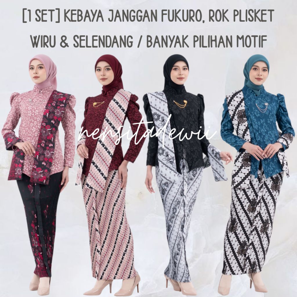 [1 Set] Janggan Fukuro Kebaya, Pleated Skirt + Shawl / Many Pattern Options