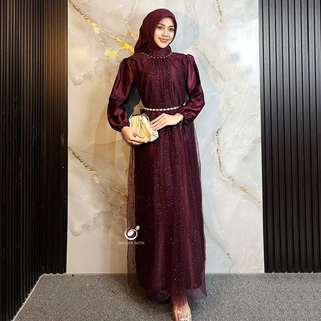 NAYAKA BATIK - Maxi Dress Noella Dress Lebaran 2026 Latest Gamis Roberto Carnival Combination Luxurious Snow Tulle Mix Sequins Modern Eid al-Fitr Invitation Outfit for Current Girls Dress Muslimah Gamis Lebaran Terbaru 2026
