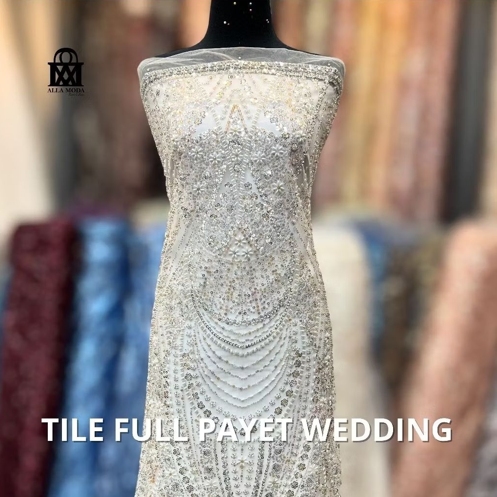 [Price per 0.5 Meter] Modern Glamorous Sequin Brocade Fabric, White Tulle Wedding Dress, 135cm Wide