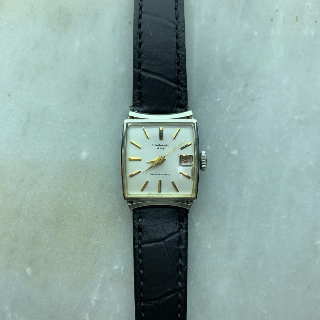 Seiko Tank Watch Vintage 1960s Seikomatic Calendar 2505 7000 White Gold Plated.