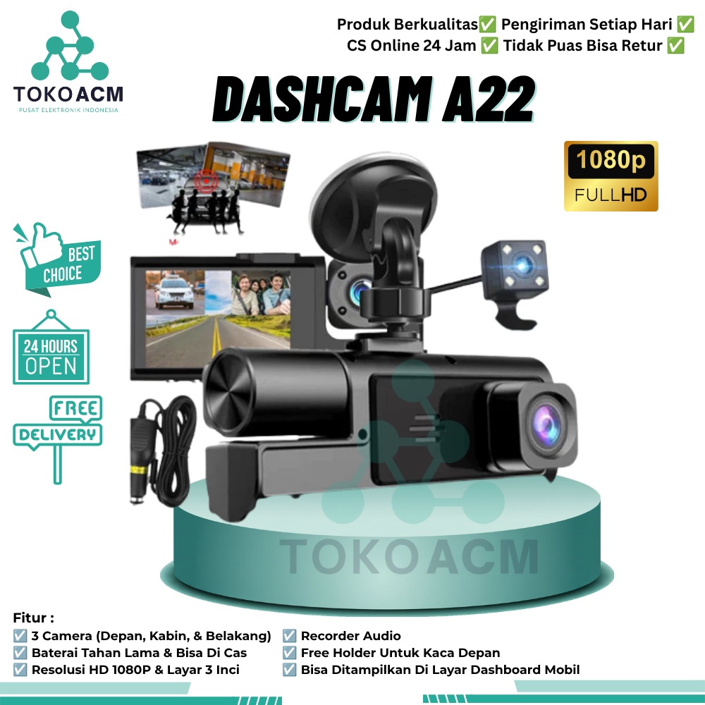 Dashcam A22 3 Camera DVR Driving Recorder (1080p Full HD, Night Vision)