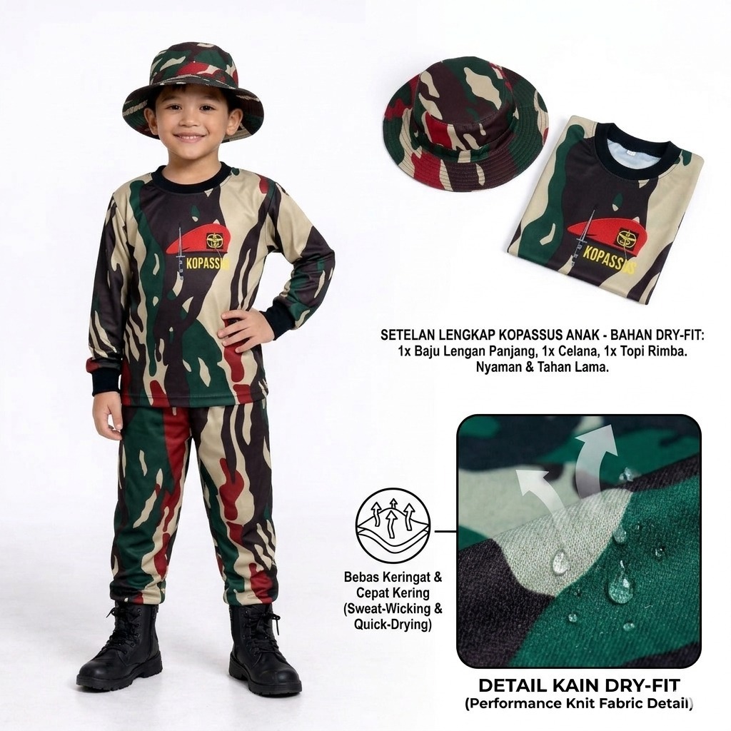 Setelan kaos anak panjang loreng kopassus free topi rimba - Baju setelan satu set kids army unisex bordir
