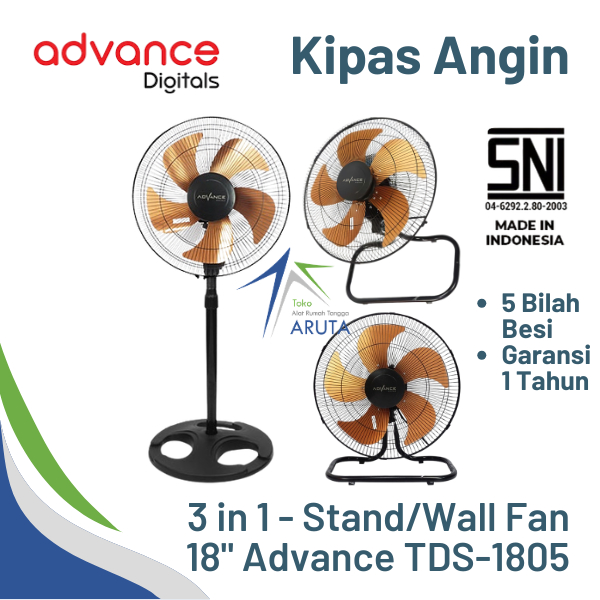 Standing Fan Advance 18" SNI 5 Iron Blades WADESTA 3in1 TDS-1805 - Desk Fan Wall Fan Stand Fan