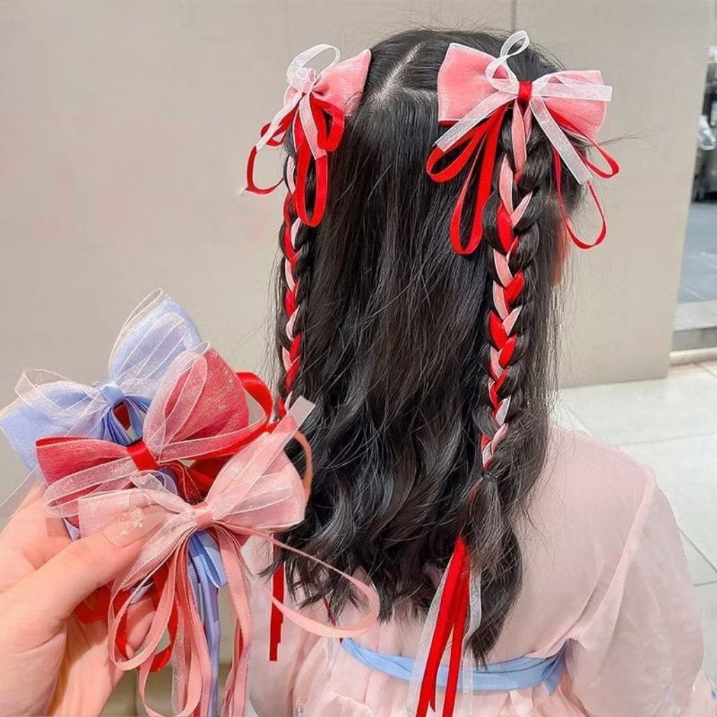 Children's Hair Clips with Long Braided Rope Ribbon