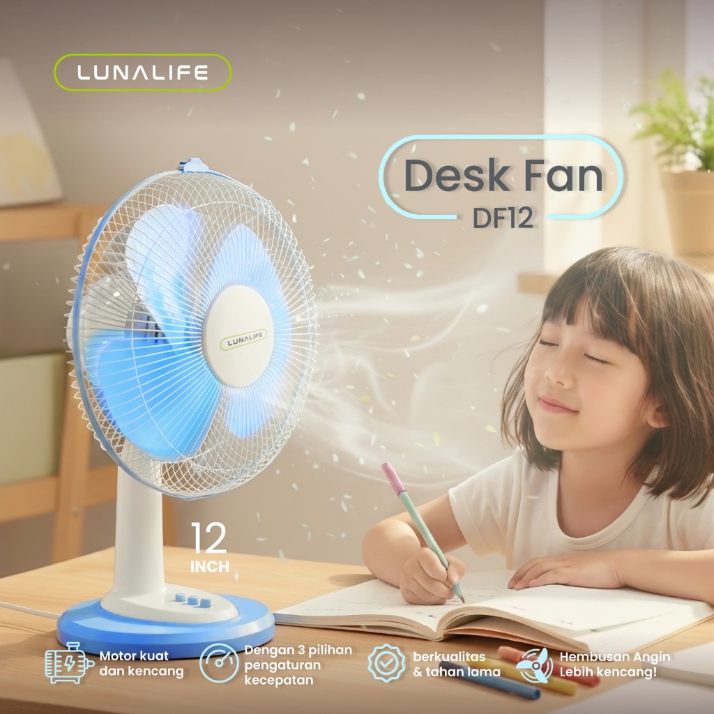 LUNALIFE 12 Inch Table Fan Desk Fan Low Watt Strong Wind Blows Kipas Angin Meja