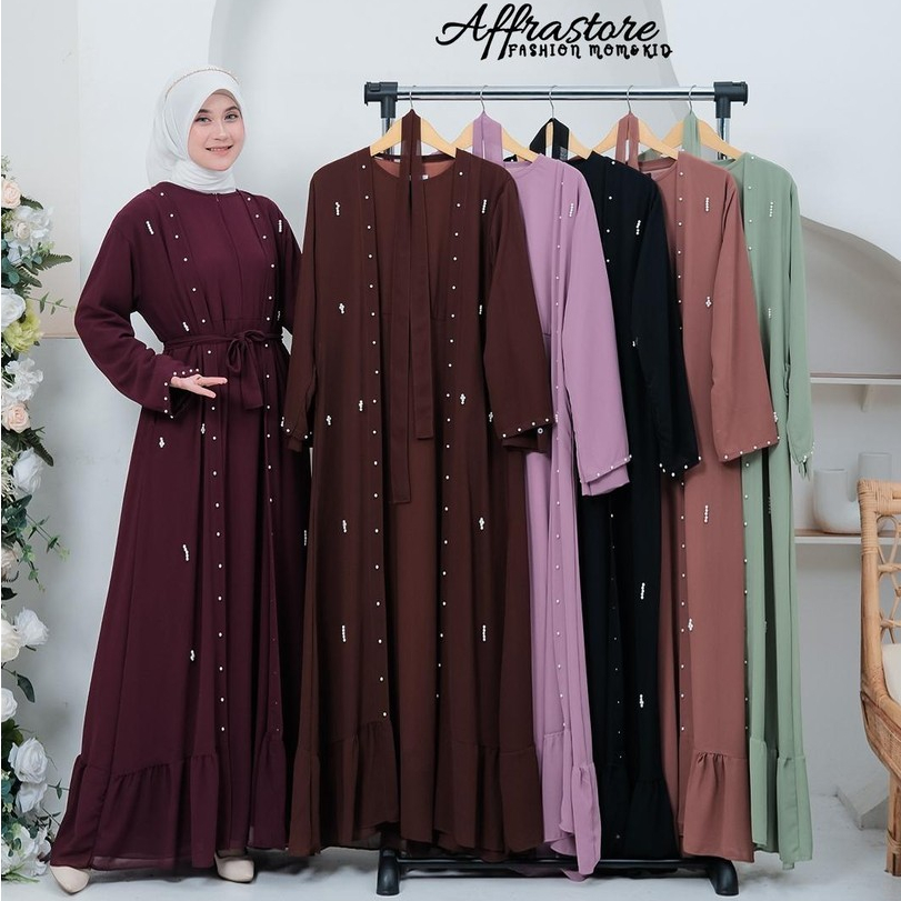 Fera abaya abaya arabian two layer luxury elegant abaya set outer application sequin pearl mahogany burgundy BY NAZHIRA OUTFIT