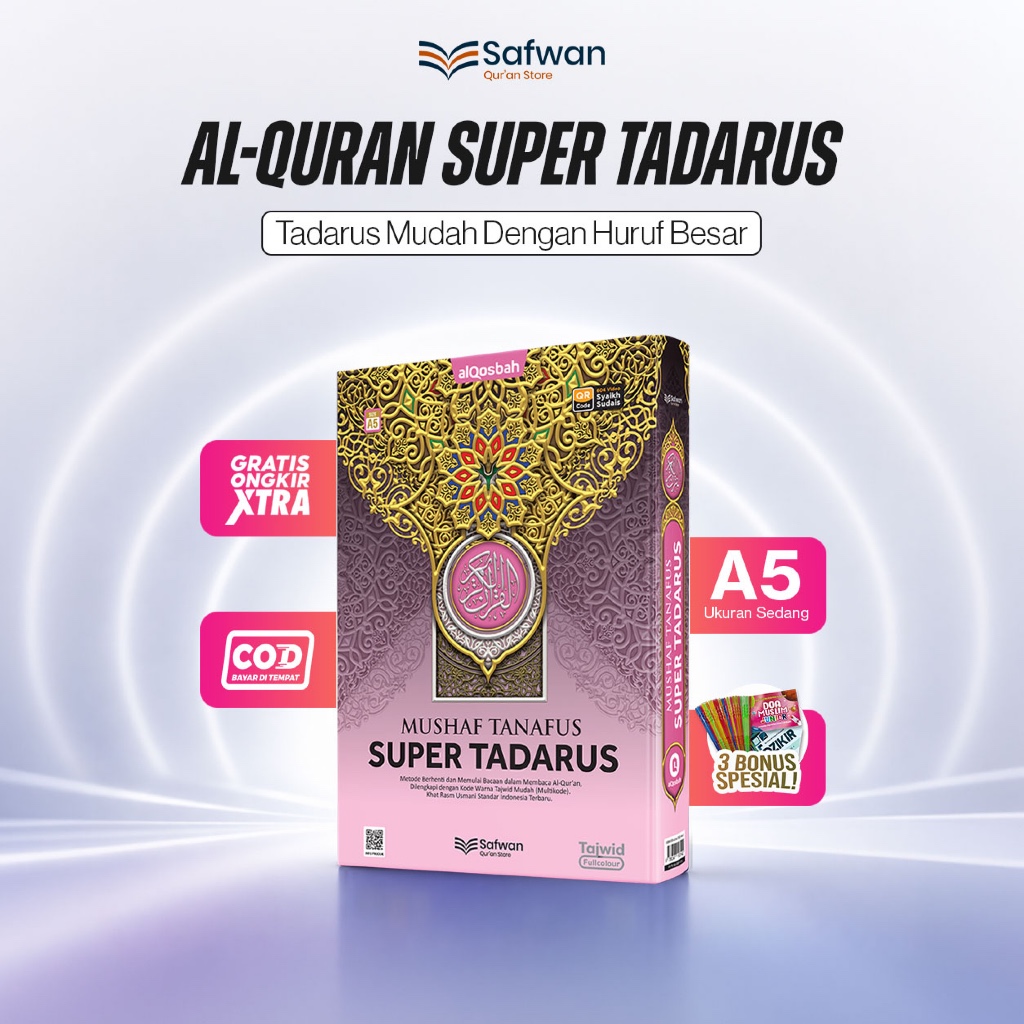 Safwan - Al Quran Tajweed Large Letters Super Tadarus A5 Size Without Latin and Translation of Tilawah Mushaf with Tajweed Code Color QR Murrotal Sheikh Shuais Bonus Book Dhikr Muslim Prayer Pointer Studying the Koran
