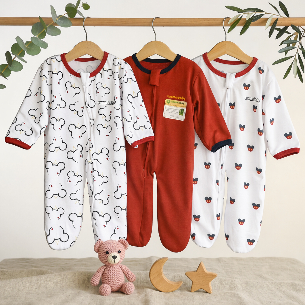 MERAH Ummababyshop 3 PCS Newborn Baby Sleepsuit with Leg Cover SNI Romper Long Jumper Jumpsuit Newborn Sleepwear 0-6 Months Unisex Mickey Red