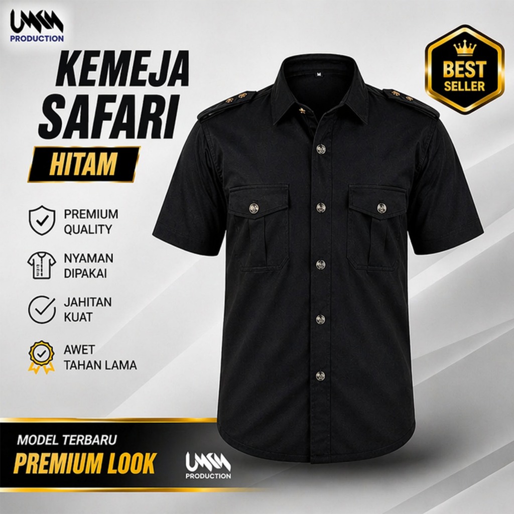 KEMEJA Men's Premium Black Safari Shirt + Pants | Security Guard Uniform Bodyguard Formal Field Driver