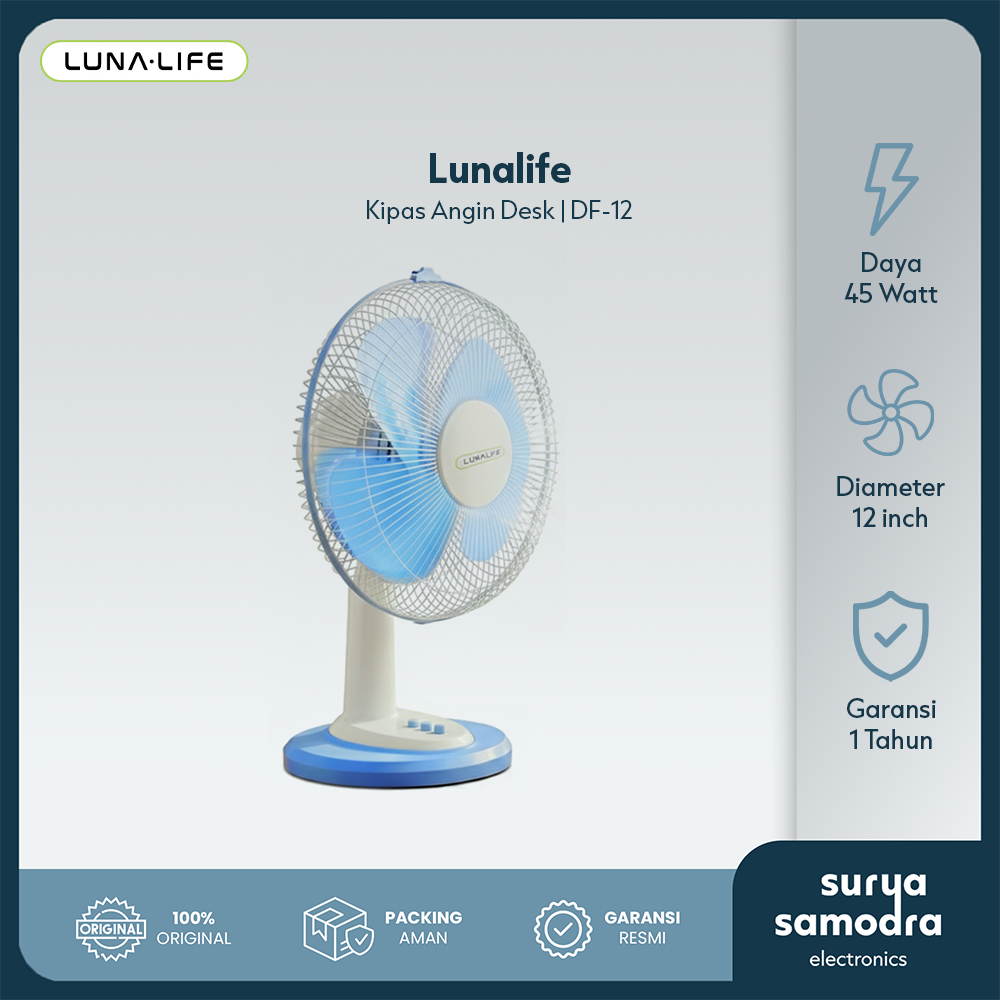 LUNALIFE Desk Fan DF12 12 Inch – Powerful 3-Speed Motorcycle Desk Fan – Energy Saving with 1 Year Official Warranty Kipas Meja Kipas Angin Meja