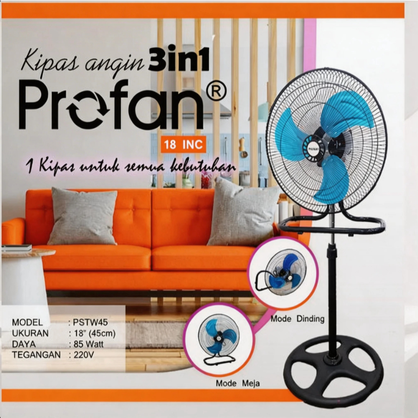 Tornado Profan 18" 3 in 1 PSTW45 Standing Fan Table Wall Fan 45cm 3 Functions (Standing Table/ Wall/) - Original