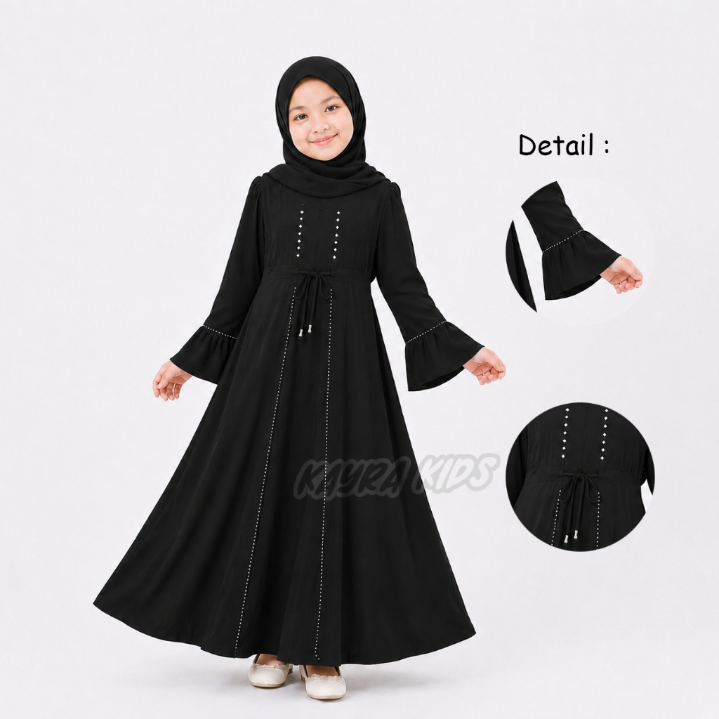 Kejora Children's Abaya Dress with Sequin Drawstring, Ages 0-12 Years, Soft and Cool Jersey Material, Free Long, Comfortable Muslim Hijab