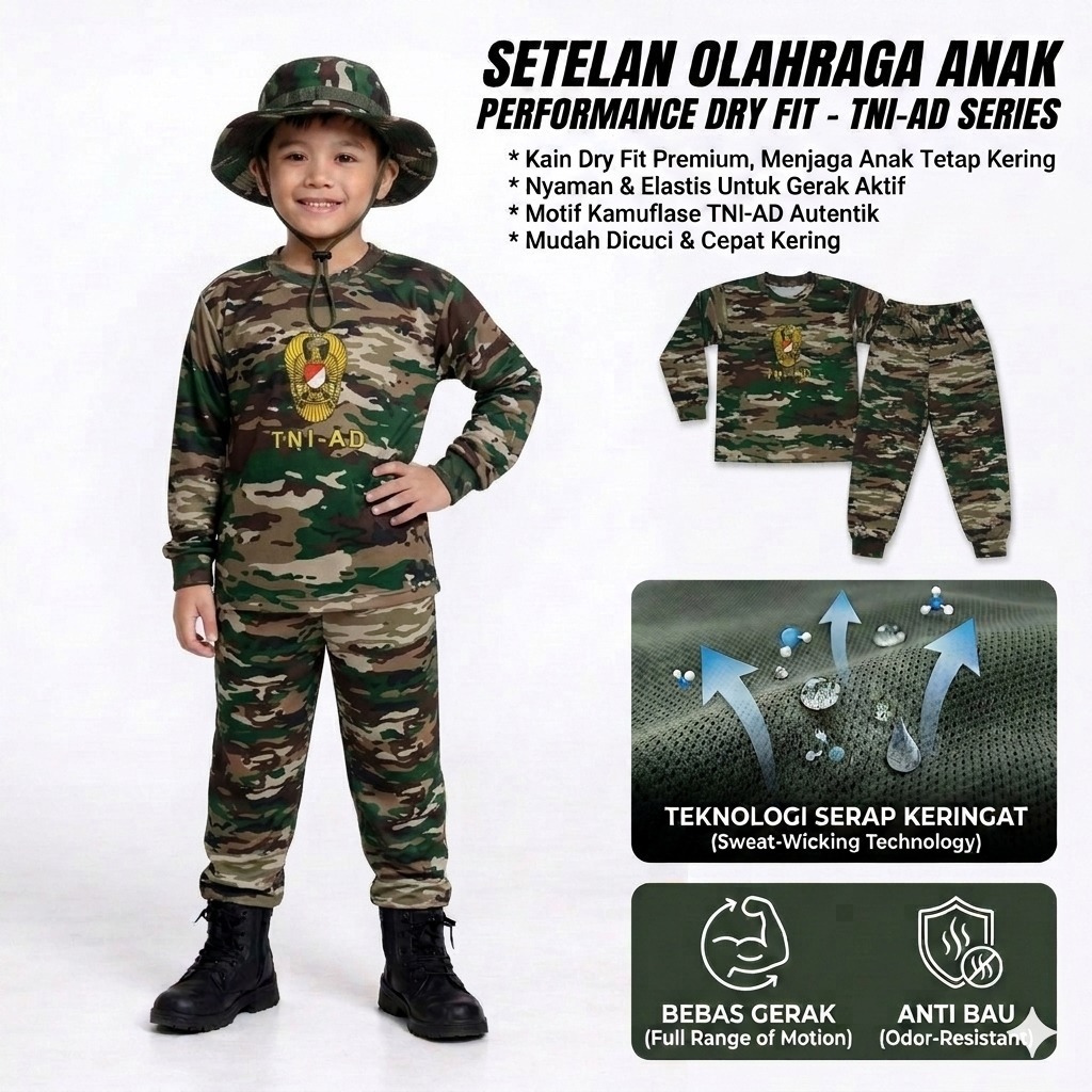 setelan kaos anak loreng kasad panjang free topi rimba satu set - baju tentara kids army jersey dryfit