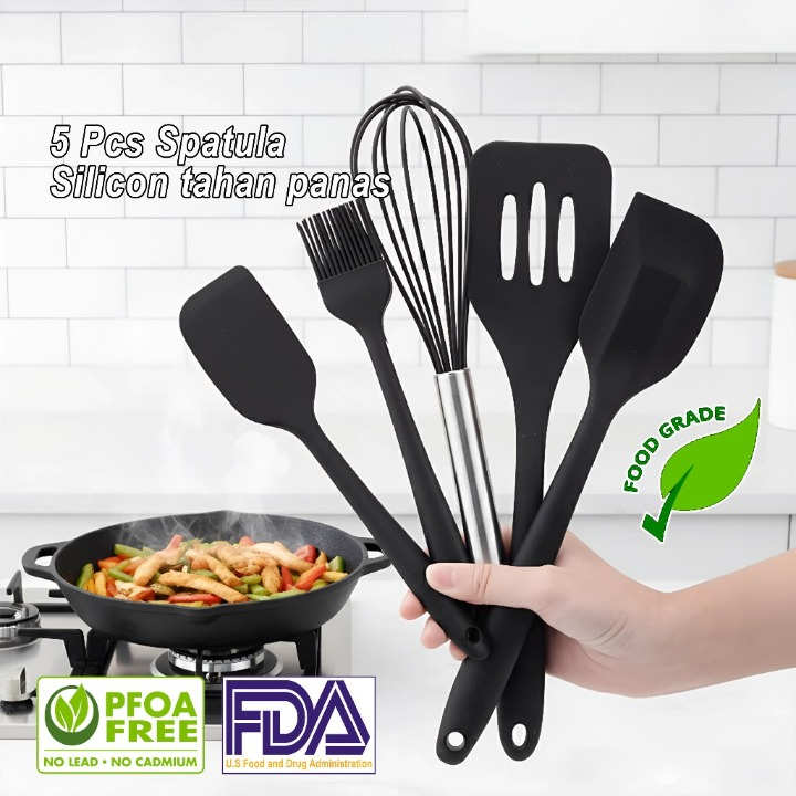 Easy Baking Silicone Spatula Cooking Utensils Set 5 in 1 Spatula Egg Beater Brush Food…